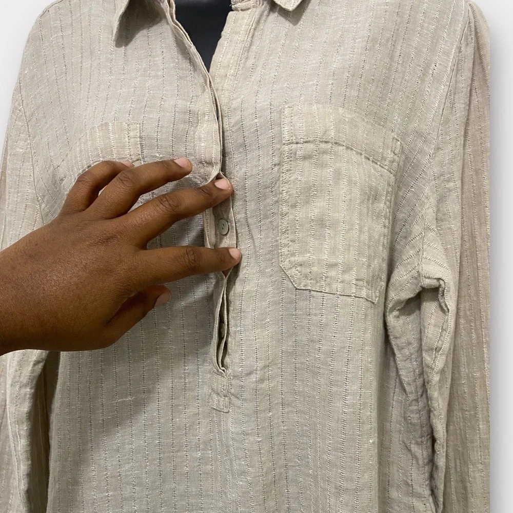 Chico's 100% Linen Tan Roll Tab Sleeve 1/2 Button Pullover Top Size Large - Picture 4 of 11
